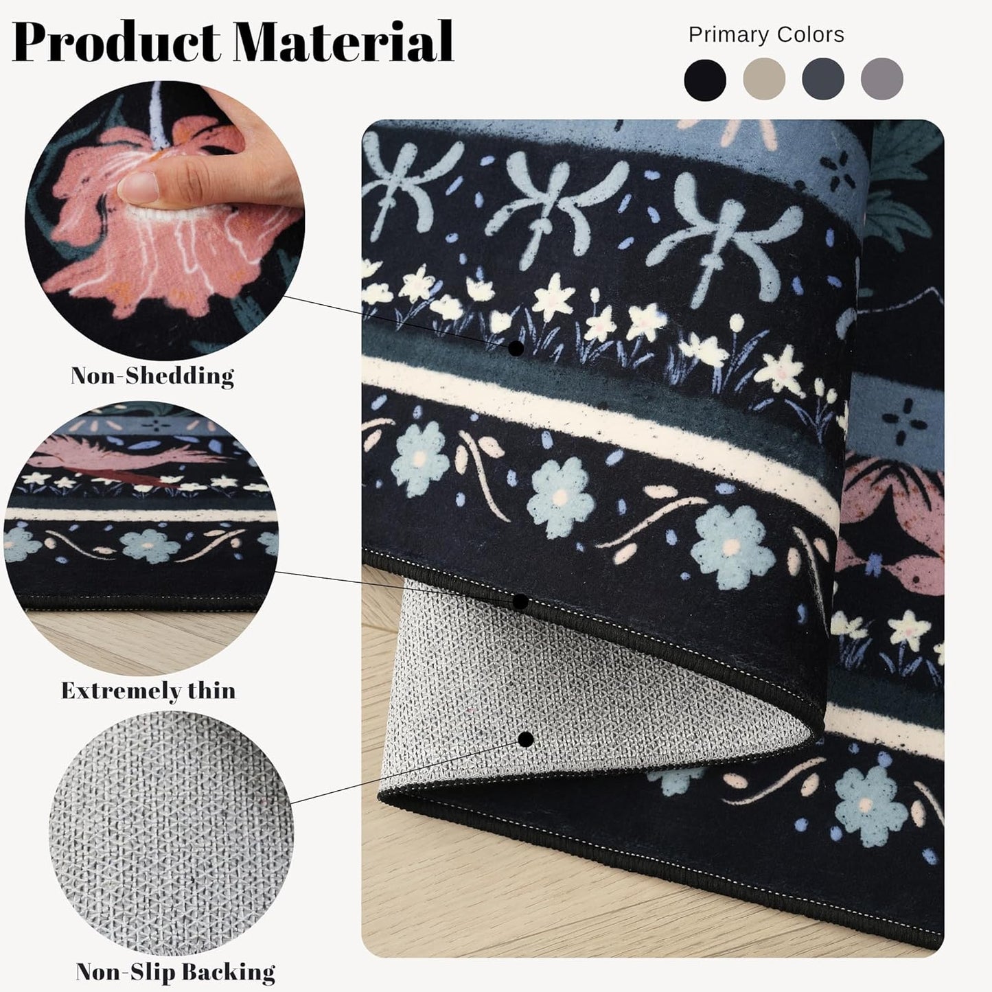 Door Mat Indoor Entrance 2x3 Rug Machine Washable Vintage Floral Botanical Small Area Rug Non-Slip Low Pile Throw Rugs for Entryway, Kitchen, Front Door Entrance, Entry, Kids Room, Black