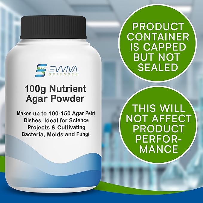 Nutrient Agar Powder 100 Grams - Evviva Sciences - Makes Over 150 to 200 Agar Petri Dishes - Easy to Use - Great Science Fair Projects - W/Experiment Ebook