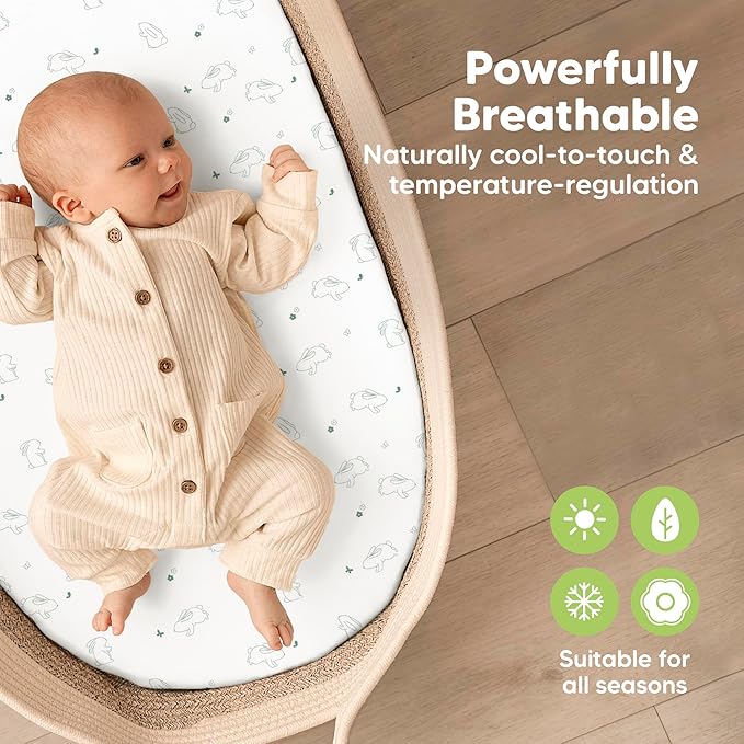 2-Pack Baby Bassinet Sheets Girl, Boy - 33x17 Viscose Derived from Bamboo Bedside Mattress Fitted Bassinet Sheets, Compatible with Halo Bassinest Swivel Sleeper, Baby Delight, Graco (Bunnies)