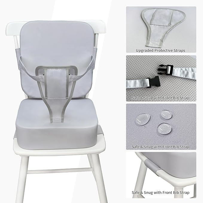 Toddler Booster Seat for Kitchen Chair and Dining Table, Non-Slip Cushion with Backrest, Adjustable Straps, Waterproof and Portable for Travel - Grey