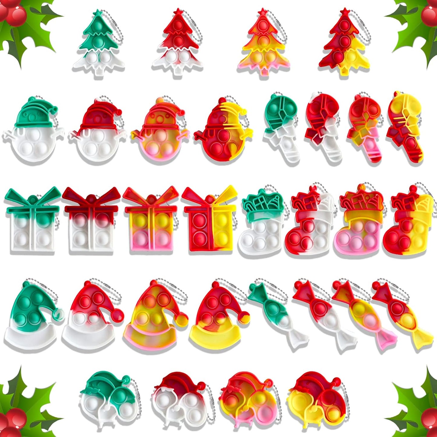 32Pcs Christmas Mini Pop Keychain Fidget Toys, Mini Pop Bubble Christmas Fidget Toy, Silicone Mini Pop Toys Bulk for Kids Anxiety Stress Reliever for Adults