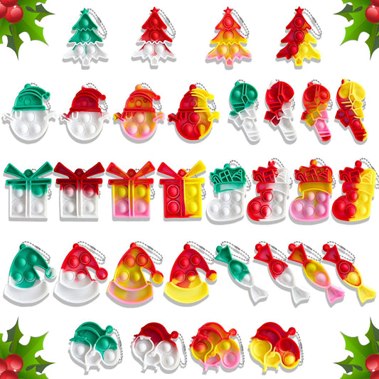 32Pcs Christmas Mini Pop Keychain Fidget Toys, Mini Pop Bubble Christmas Fidget Toy, Silicone Mini Pop Toys Bulk for Kids Anxiety Stress Reliever for Adults