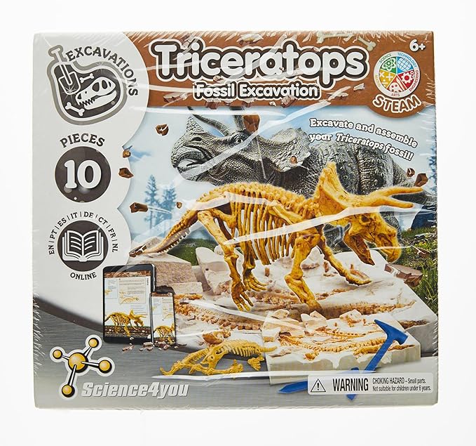 Science4you - Triceratops Fossil Digging Kit for Kids - Excavate and Assemble 10 Dinosaur Fossiles, Dinosaur Toys for Boys and Girls Age 6+, Dino Games, Dinosaur Gifts for 6+ Year Old Boys and Girls