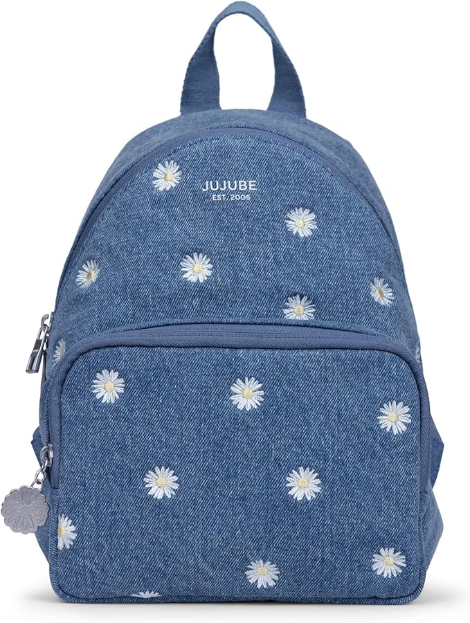JuJuBe Mini Diaper Bag Backpack, Machine Washable Travel Backpack w/Adjustable Straps & 2 Pockets for Baby Bottles, Diapers, Pacifiers, Snacks, Changing Pad & Daily Essentials, Denim & Daisies (Blue)
