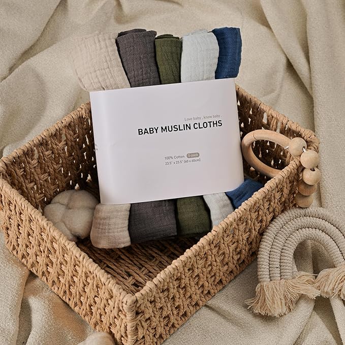 Muslin Receiving Blankets, Neutral Blanket Swaddling for Newborn Boys and Girls, 5 Pack Breathable and Skin-Friendly Swaddle Wrap for Infant Baby (Graceful Colors)