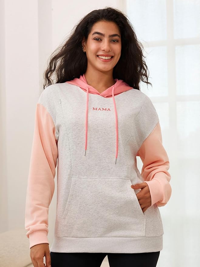 Nursing Hoodie for Breastfeeding Maternity Sweatshirt with Zippers Postpartum Nursing Top Colorblock Clothes