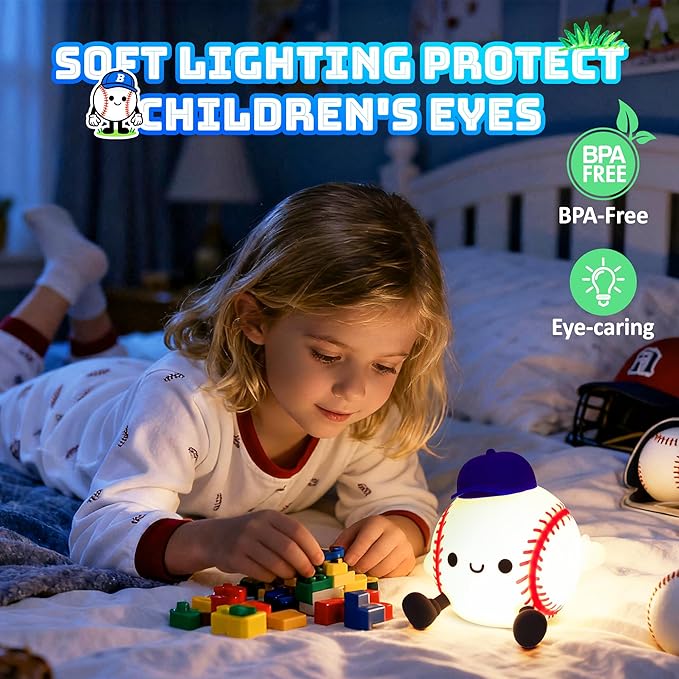 Lampeez Baseball Night Light, Soft Silicone Touch Lamp, Cute LED Nursery Nightlight & Bedroom Decor, Xmas Birthday Gift for Boys, Girls and Baseball Fans, Creates Soothing Glow for Bedtime