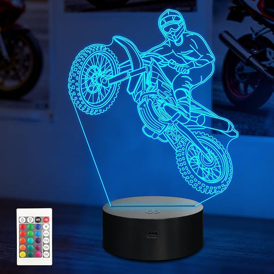 Dirt Bike 3D Night Light, LED Illusion Optical Lamp With16 Colors Changes & Remote Control & Timer, Motorcycle Room Decor, Birthday Christmas Gifts for Boys Girls Kids Men
