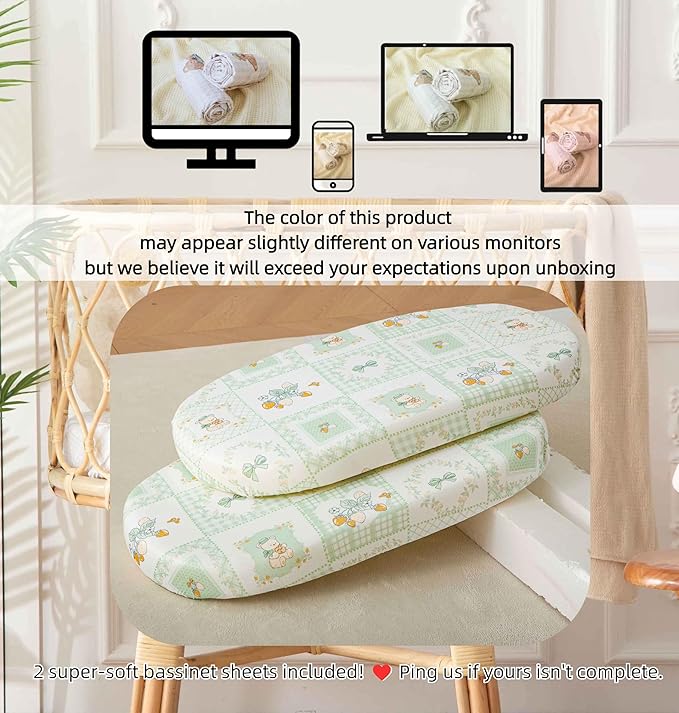 SDY Soft Bassinet Sheets Set 2 Pack for Baby Girl and Boy 32 * 16 * 4 inches,Universal Fit for Bassinets Baby Cradle Moses Basket Oval Rectangle Mattress Safe and Snug (Bear&Strawberry& Floral&Bow)