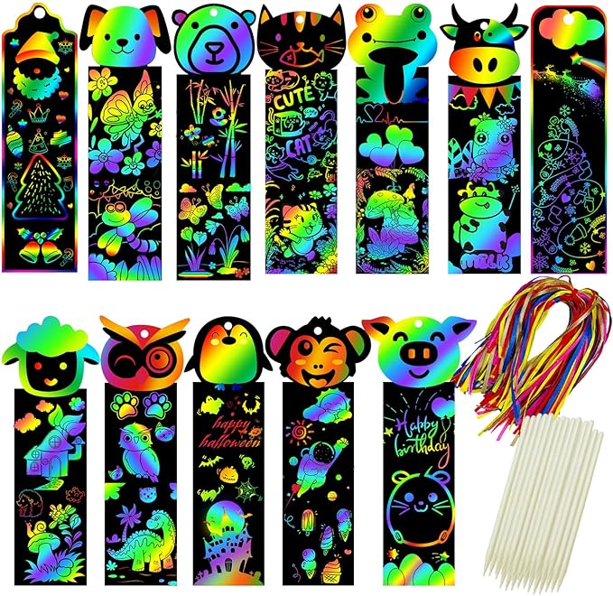 100 Sets Scratch Art Bookmarks Making Kit, DIY Crafts Animal Bookmarks for Kids with 100 Ribbons and 100 Wood Stylus for Boys Girls Classroom Activities Birthday Party Favors, 13 Styles(B)