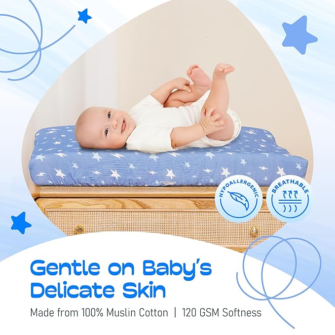 100% Muslin Changing Pad Cover Ultra Soft, Breathable, Secure Fit, Fade-Resistant Prints for Boys and Girls (Pack 2)