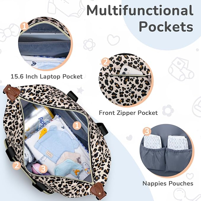 Diaper Bag Tote, Baby Bag Travel Diaper Tote Bag with Pacifier Case, Cute Maternity Hospital Baby Stylish Diaper Tote for Mom Dad Leopard Print