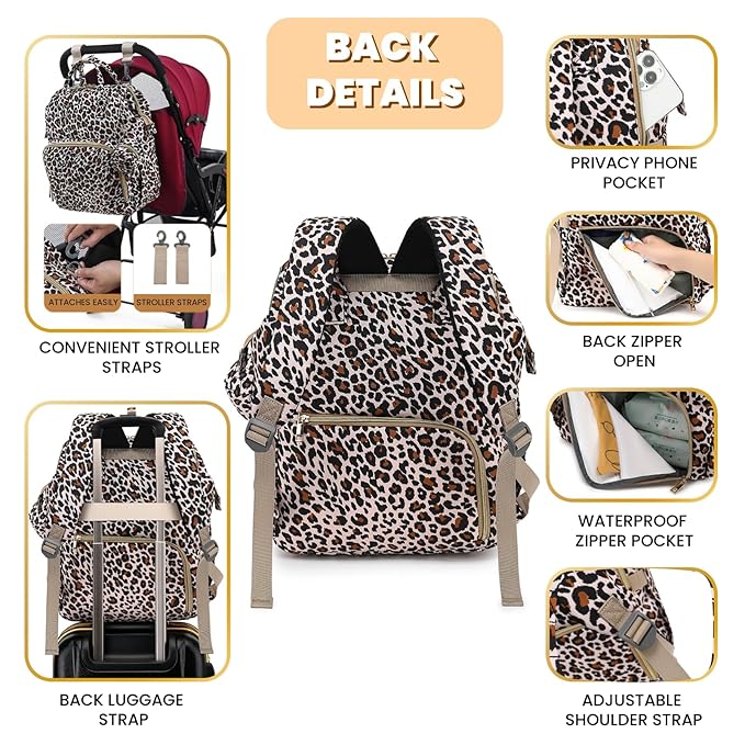 Diaper Bag Backpack with Changing Pad, Pacifier Case, Baby Bag for Boy Girl Toddler - Large, Stylish, Waterproof Travel Quilted Diaper Bag for Mom - Baby Shower - Cheetah