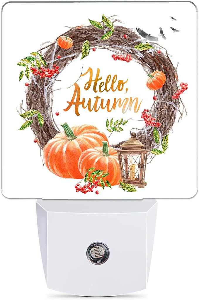 Hello Autumn Night Light, Pumpkin Plug into Wall with Dusk to Dawn Light Sensors, Warm Nightlights for Bedroom, Bathroom, Hallway, Kitchen, Gifts Ideal for Boys Girls Women Men