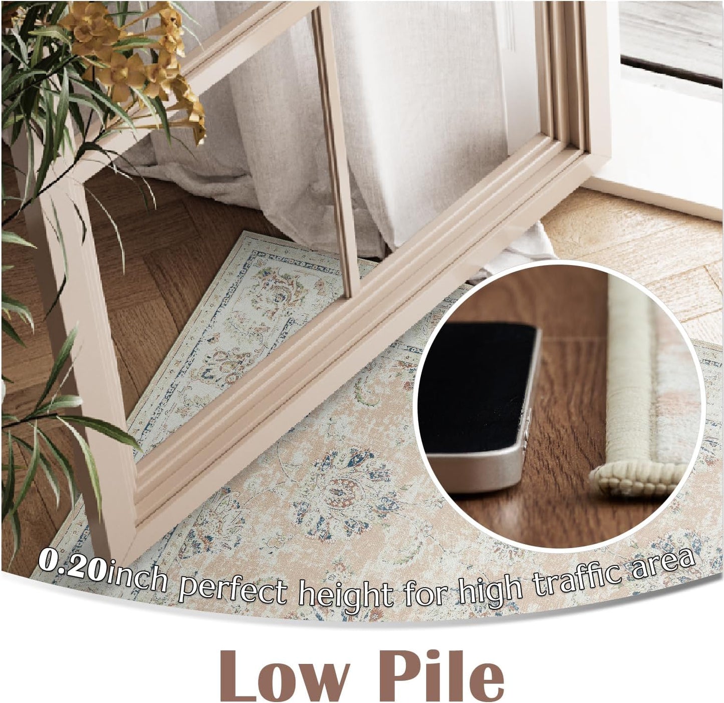 jinchan Washable Area Rug 5x7 Ultra-Thin Low Pile Non Slip Stain Resistant Soft Faux Wool Spring Floral Distressed Vintage Carpet for Bedroom,Living Room,Dining Room,Kitchen,Nursery(Pink, 5' x 7')