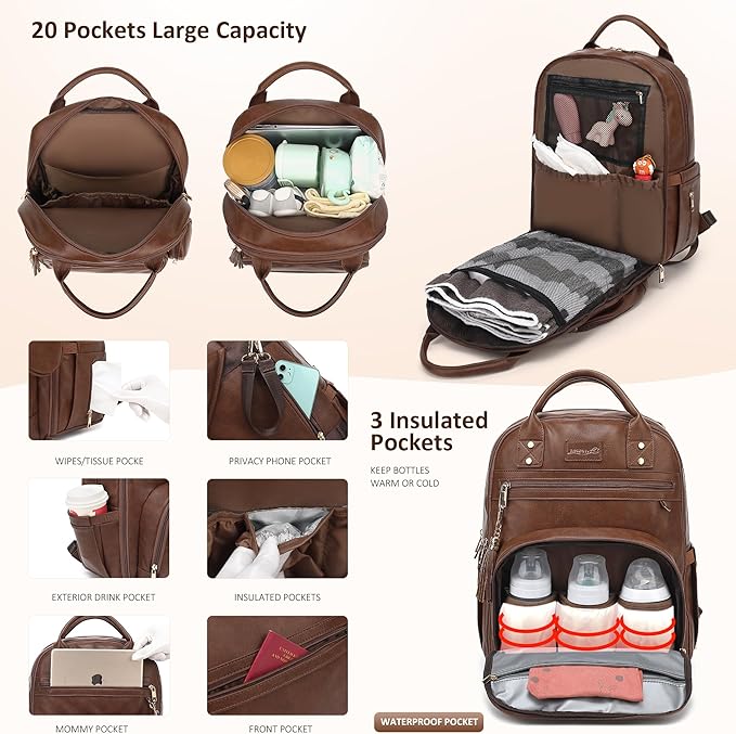 Premium Vegan Leather Diaper Bag Backpack with Waterproof Changing Pad, Reinforced Zippers & Odor-Free,20 Pockets Pro Organizer, Fits 15.6" Laptop, Stroller Straps, Baby Bag for Mom,Dark Brown
