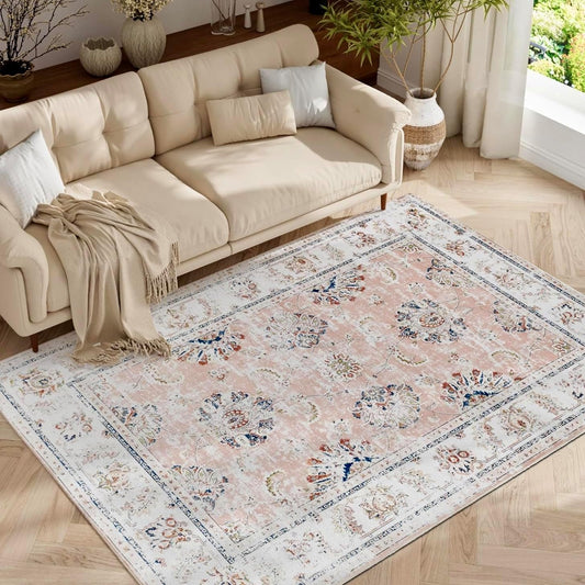 jinchan Washable Area Rug 4x6 Ultra-Thin Low Pile Non-Slip Stain Resistant Soft Faux Wool Spring Floral Rug Distressed Vintage Carpet for Bedroom,Living Room,Dining Room,Kitchen,Nursery(Pink, 4' x 6')