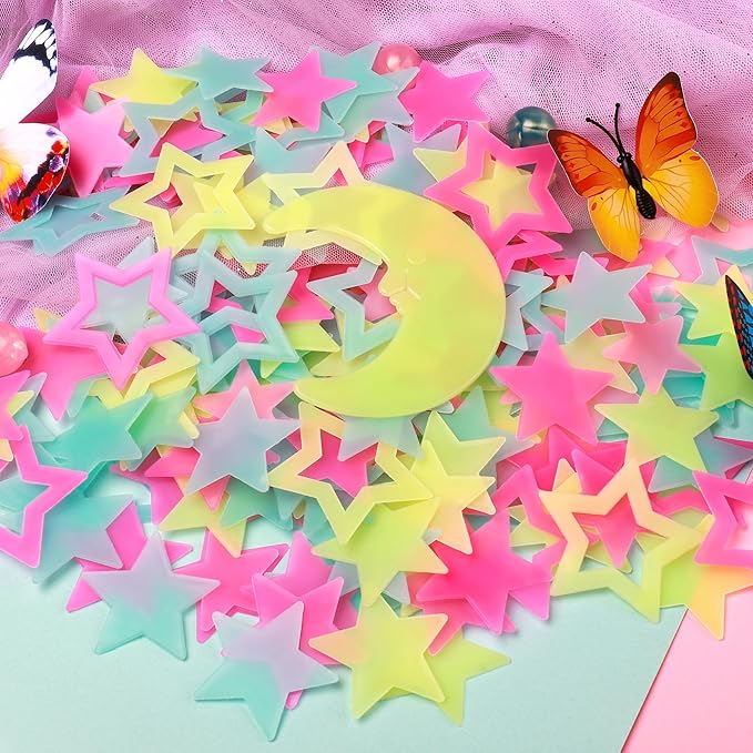 140 pcs Colorful Glow in The Dark Moon and Stars Wall Stickers Yellow Pink Blue Glowing Star Decor DIY 3D Hollow Luminous Stars Wall Decals for Kids Boys Baby Bedroom Ceiling Wall Decoration