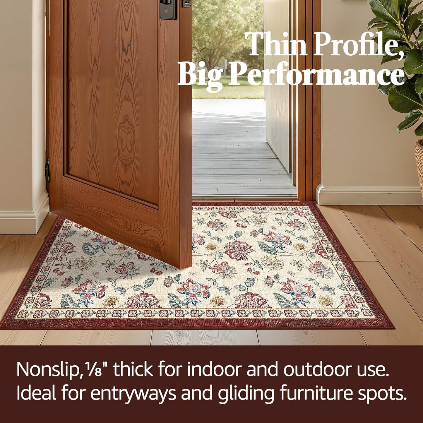 jinchan 2x3 Floral Rug for Entryway Washable Kitchen Rug Vintage Romance Design Small Mat Non Slip Indoor Doormat Lightweight Low-Profile Throw Carpet for Entrance Bathroom Laundry Room, Red/Beige