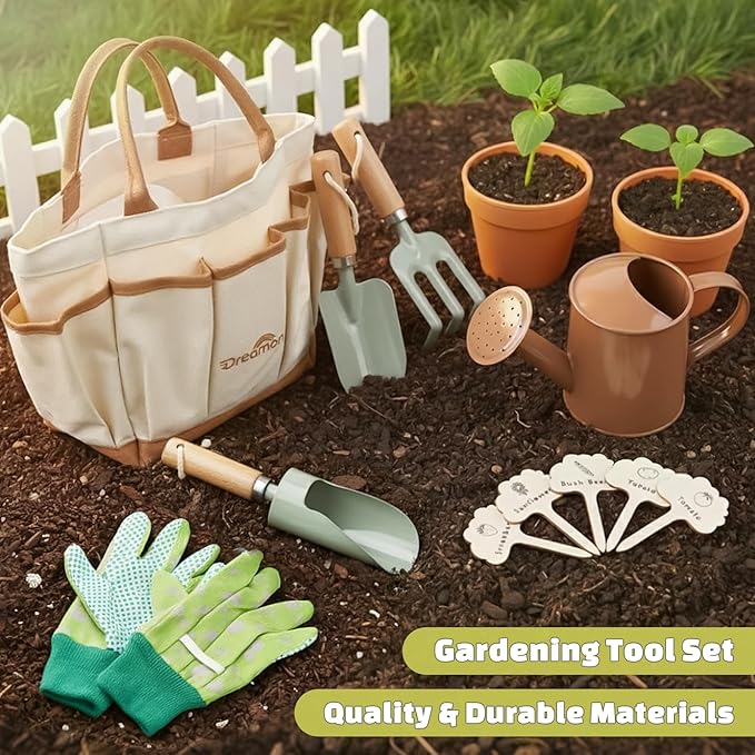 Dreamon Gardening Set Toys for Kids, Quality Garden Tool Kit Includes Tote Bag, Gloves, Shovel, Rake, Cultivator, Watering Can, STEM Learning Outdoor Gifts for Kids Toddlers