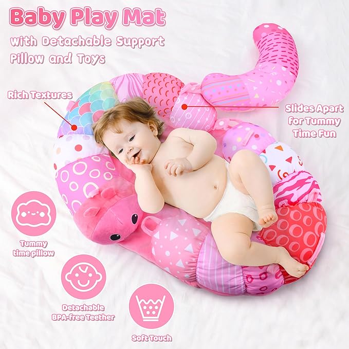 2-in-1 Tummy Time Mat & Seated Support Pillow Baby Toys 6-12 Months, Baby Tummy Time Toys Sit Me Up Floor Seat for Newborns and Older Babies, with Detachable Support Pillow and Toys(Pink)