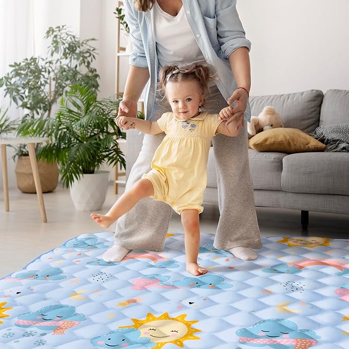 50x50 Playpen Mat, PIGLOG 0.8 Inch Thick Foam Baby Play Mat for Floor, Soft Fabric Cushioned Play mat for Babies，Washable Non-Slip Playmate for Baby, Infants & Toddlers（Blue）