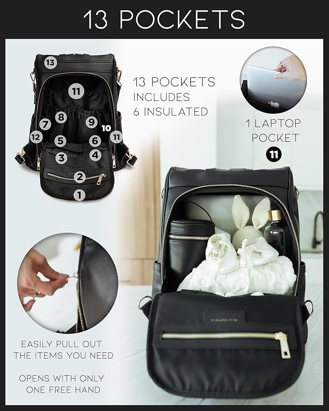 MIA + SOPHIA Leather Diaper Bag Backpack with USB Charging port, Changing Pad, Stroller Straps (Black Mia)