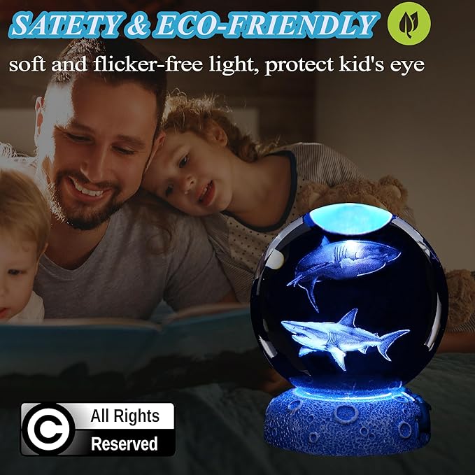 Shark Night Light, 3D Crystal Ball Shark Lamp, Underwater Gifts with 16 Color Remote Upgraded 3.15 Inch Ball for Room Decor Boys Girls Birthday Xmas Cool Figurines Gifts