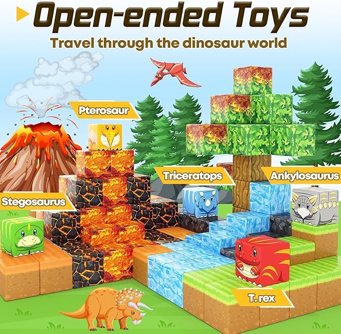 150PCS Dinosaur Toys Magnetic Blocks-Build Mine Magnet World Volcano Edition, Magnetic Kids Sensory Toys for 3+ Year Old Boys and Girls Building Blocks Toddler Games Through Jurassic Learning Gifts