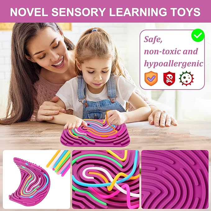 Sensory Activity Board - Double-Sided Silicone Fidget Toy Busy Board for Fine Motor Skill Silicone Calm Down Toy for Stress, Anxiety, ADHD & Autism, Kids 3+ & Adults Activities for Travel(Rectangle)