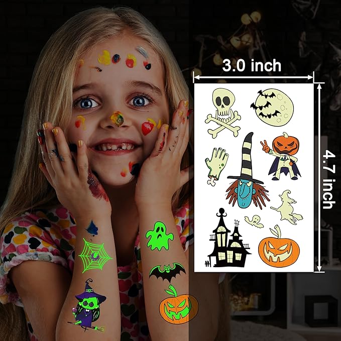 JCFIRE Glow Halloween Party Supplies, Halloween Temporary Tattoos for Kids Party Favors, Birthday Party Decorations Activities Games Accessories, Goodie Bags Fillers