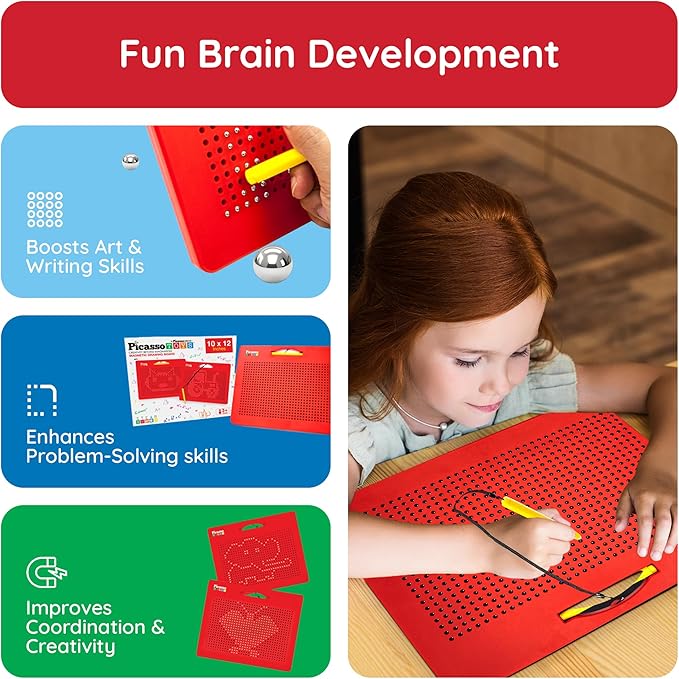 Picasso Toys Magnetic Drawing Board 12x10 inch Large 748 Bead Magnet Tablet Pad Erasable Reusable Writing Playboard STEM Toys Educational Playset Open-Ended Learning Kit Child Brain Development PTB01