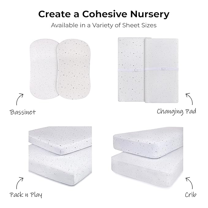 Ely’s & Co. Pack and Play Sheets, for Mini/Portable Crib, 2 Pack Fitted Playpen Play Yard Sheet Set Compatible with Graco Pack n Play, 100% Cotton, Black and White Celestial, 38”x24”x5”