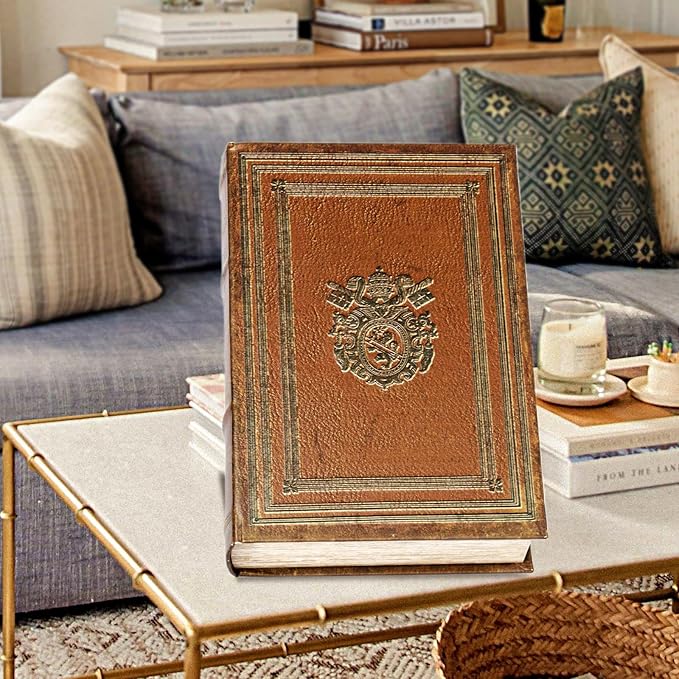 Decorative Book Box Fake Leather Embossed Cover Vintage Style Brown Storage Box - Large 1-06, Decoration for Coffee Table, Bookshelves, Jewelry, Postcard, Photo Storage, Graduation Gift