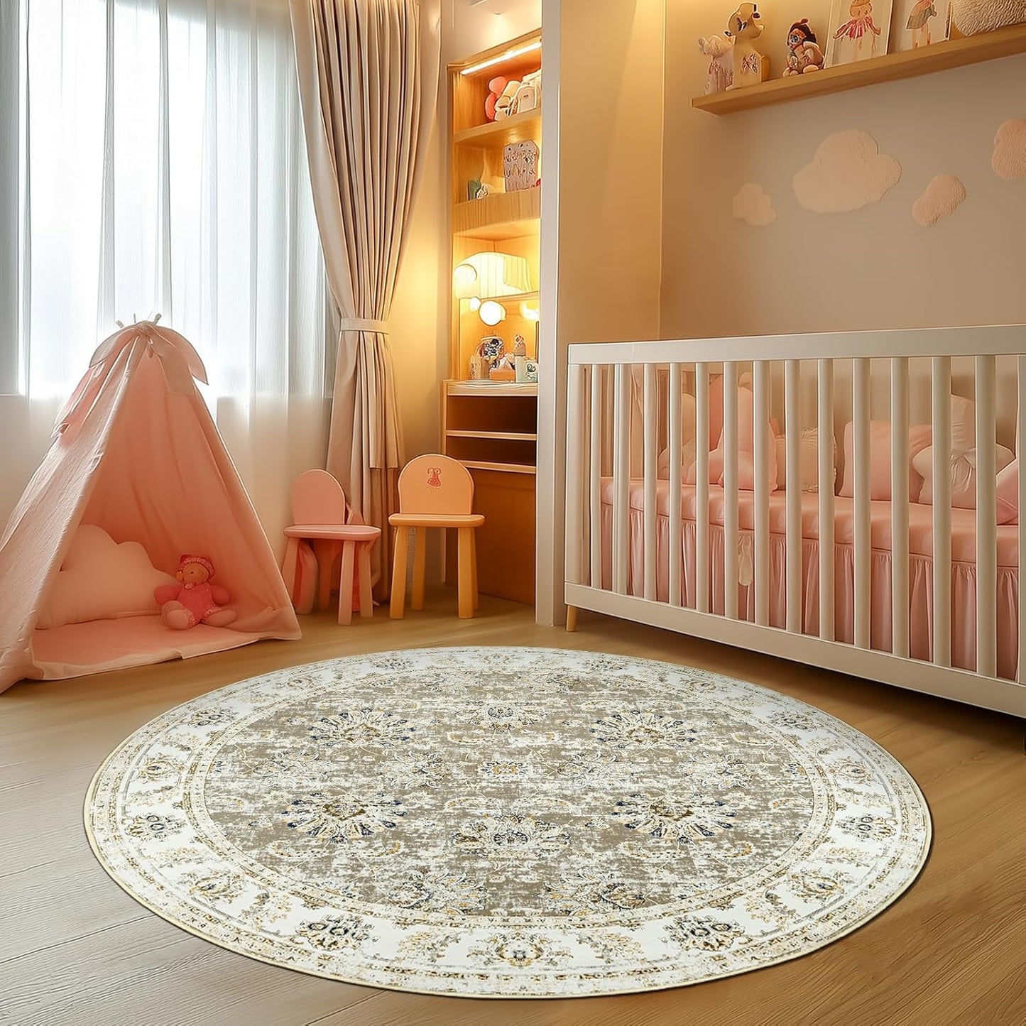 jinchan Round Rug 4ft Area Rugs Vintage Floral Distressed Design - Machine Washable Non-Slip Low-Pile Ultra-Thin Circle Rug for Entryway Bedside Living Room Dining Room Bedroom (4' Round,Taupe)