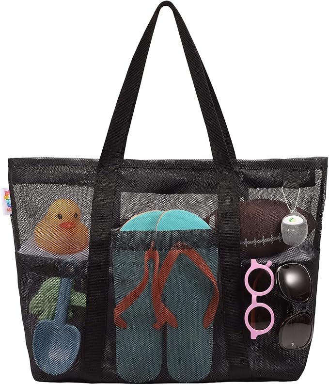 Tagitary Mesh Beach Bag with Zipper Large Beach Tote Waterproof Sandproof with 8 Pockets for Toys Pool Bag Beach Accessories