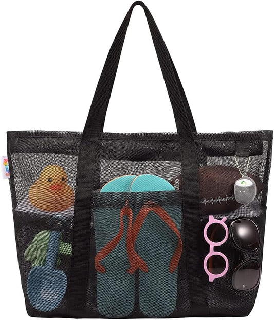 Tagitary Mesh Beach Bag with Zipper Large Beach Tote Waterproof Sandproof with 8 Pockets for Toys Pool Bag Beach Accessories
