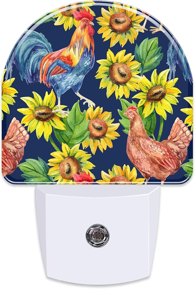 Vintage Hen Rooster with Sunflowers Night Light, Watercolor Farm Animals Floral Dusk to Dawn Night Light Plug in,0.5w Energy Saving Sleep Friendly NightLight for Kids Boys Girls Home Decor