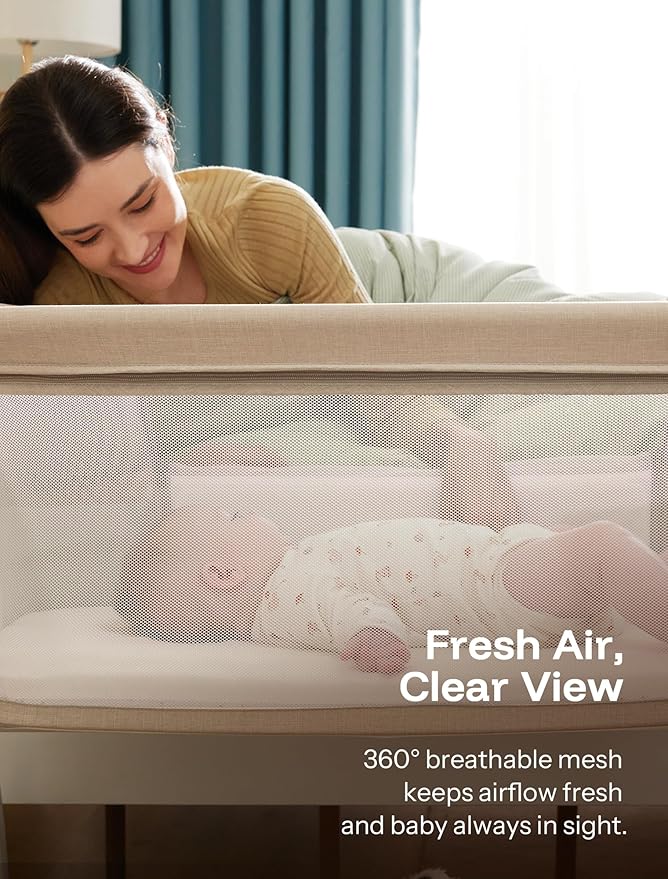 HARPPA Cuddly Bassinet, 2 in 1 Baby Bassinet with Breathable Mesh and Mattress, 6 Height Adjustable, Bedside Sleeper with Anchor Strap, Storage Basket and Wheels, Beige