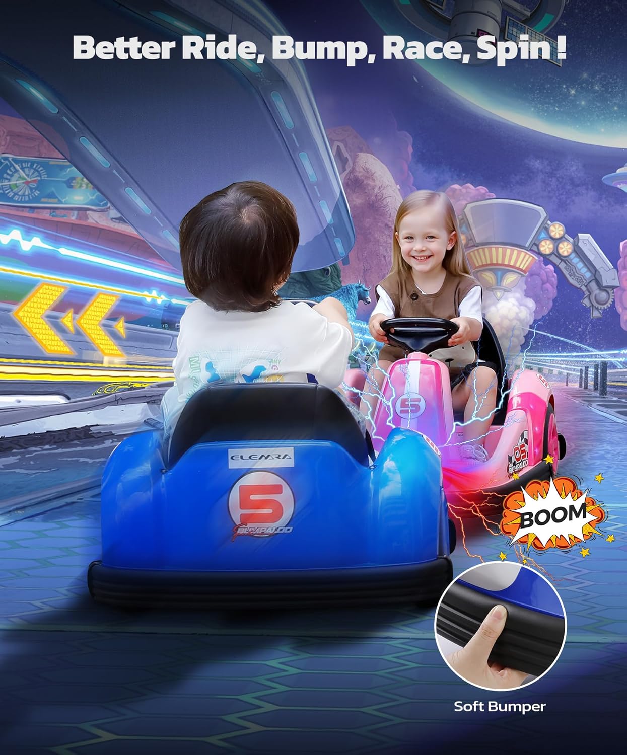 ELEMARA 12V Kids Bumper Car with Big Wheel, 2.2 Mph Max, Toddler Bumper Cars with Remote, Baby Bumping Toy Car with DIY Stickers,360 Degree-Spin, Music, Bluetooth,LED Lights, Blue
