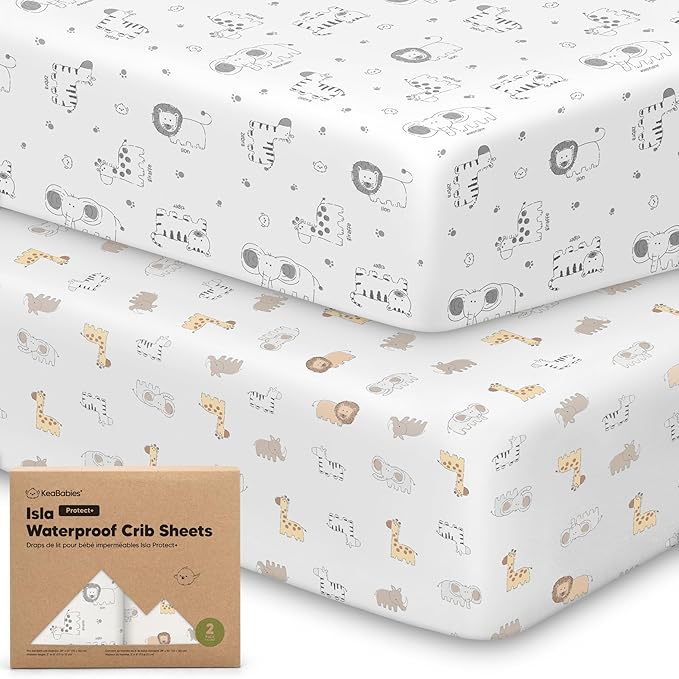 2-Pack Waterproof Baby Crib Sheets for Boys, Girls - 52x28 Viscose Derived from Bamboo Toddler Bed Sheet Neutral, Fitted Crib Mattress Protector Cover for Baby Bedding, Soft & Gentle (KeaSafari)