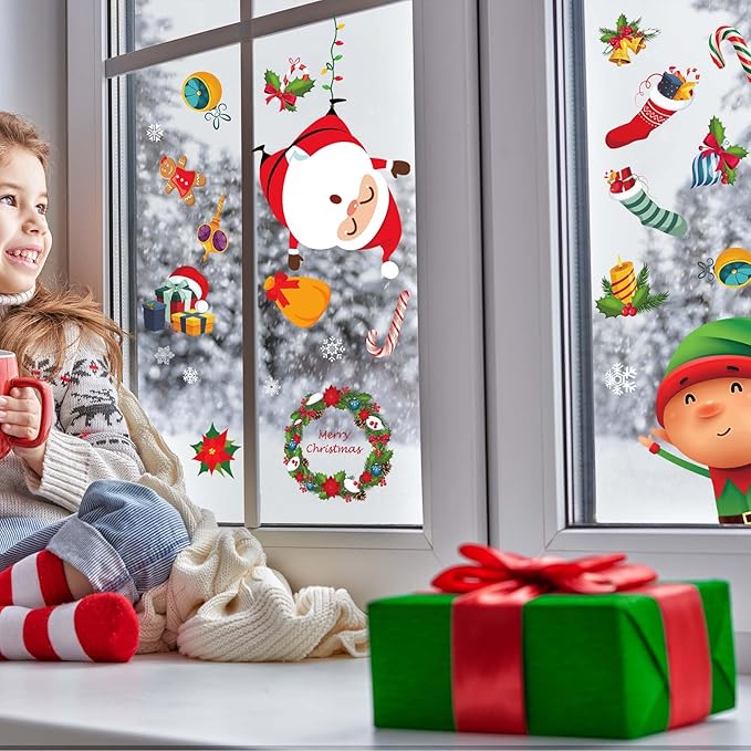 Joy Bang Christmas Window Clings, Xmas Santa Claus Reindeer Window Stickers Clings Deals, Christmas Window Decorations Decor Indoor