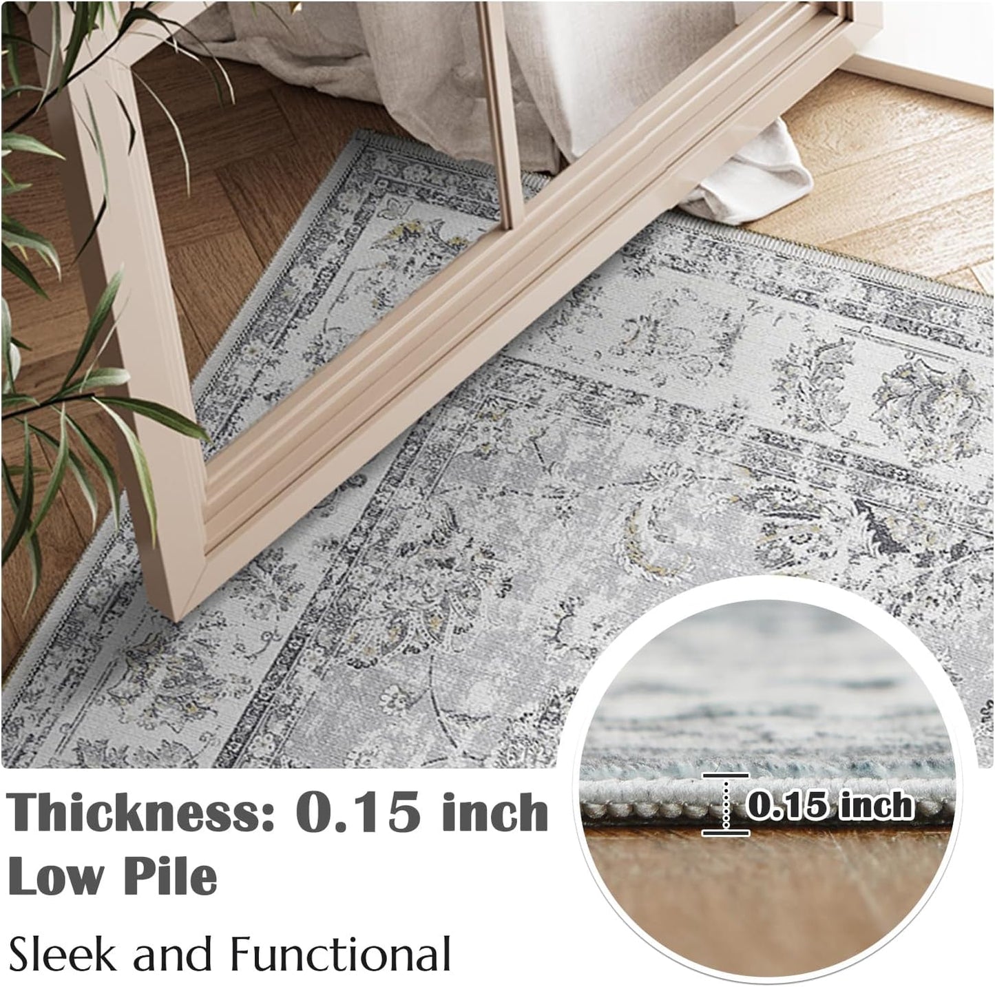 jinchan Runner Rug 2x7 Machine Washable Hallway Rug Grey Vintage Floral Print Non-Slip Low Pile Ultra-Thin for Kitchen,Entryway,Laundry Room,Bedroom,Farmhouse (2‘x7’,Grey)