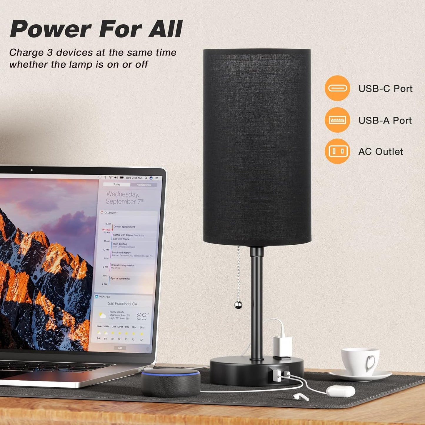 Dicoool 17Inch Tall Bedroom Lamps with USB C and A Ports 3 Color Temperatures - Pull Chain Black Nightstand Bedside Table Lamp with AC Outlet, Side Lamp for Living Room End Table