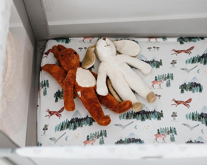 Pack and Play Sheets Fitted, Mini Crib Sheets for Graco Pack N Play Playard (38x26), Ultra Soft Organic Cotton Blend, Safe & Snug Playpen Mattress Sheet for Baby Boys & Girls – Starry Woodland, 2-Pack