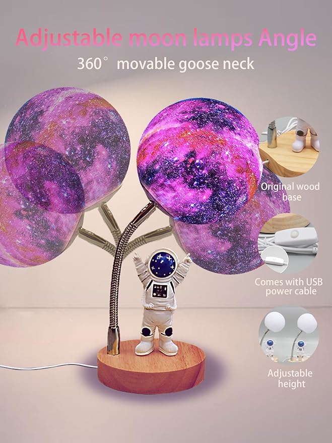 WLHONG Moon Lamp for Kids,Space Buddy Lights with 7 Color Astronaut Night Light,USB Powered and Button Control 3D Moon Table Lamp,Perfect for Bedroom,Nursery and Space-Themed Parties (Galaxy)