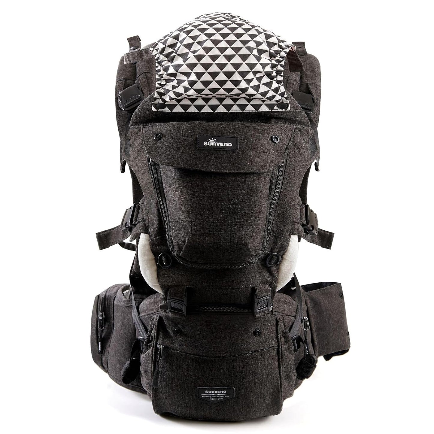 SUNVENO 3 in 1 Ergonomic Baby Carrier with Hip Seat for Newborns and Toddlers, Supports 20 lbs and Up, Waist and Back Relief with Large Weight Capacity for All Season Use,Black