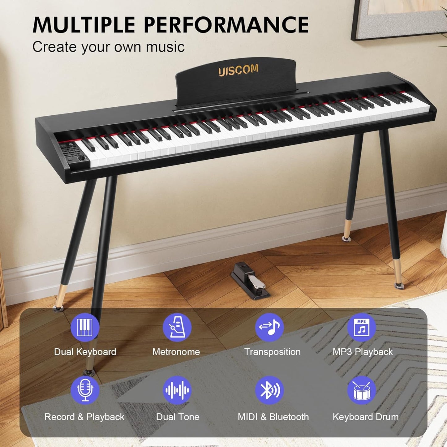 Digital Piano Keyboard 88 Key Semi-Weighted for Beginners,Full Size Electric Piano with Stand,Triple Pedal,Adapter,Sheet Music Stand,Headphone,USB-MIDI Compatible,Wood Brown or black