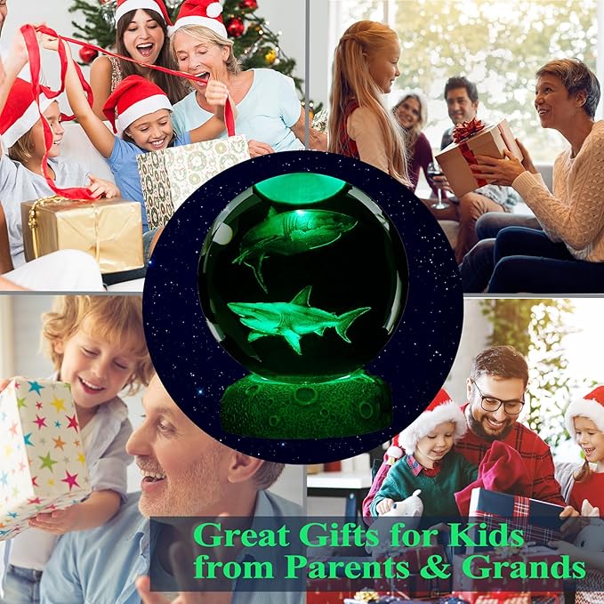 Shark Night Light, 3D Crystal Ball Shark Lamp, Underwater Gifts with 16 Color Remote Upgraded 3.15 Inch Ball for Room Decor Boys Girls Birthday Xmas Cool Figurines Gifts