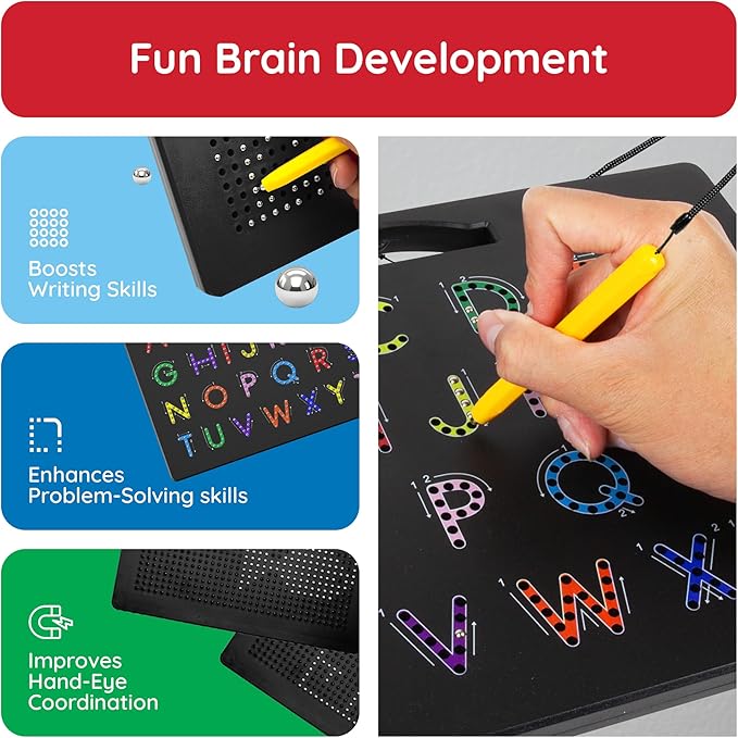 PicassoTiles 2in1 Magnetic Drawing Board Toy 12x10 In Large Magnet Bead Pad with Alphabet and Math Side in Black STEM Educational Writing Playboard Reusable Erasable Learning Tablet for Kids PTB02-BLK